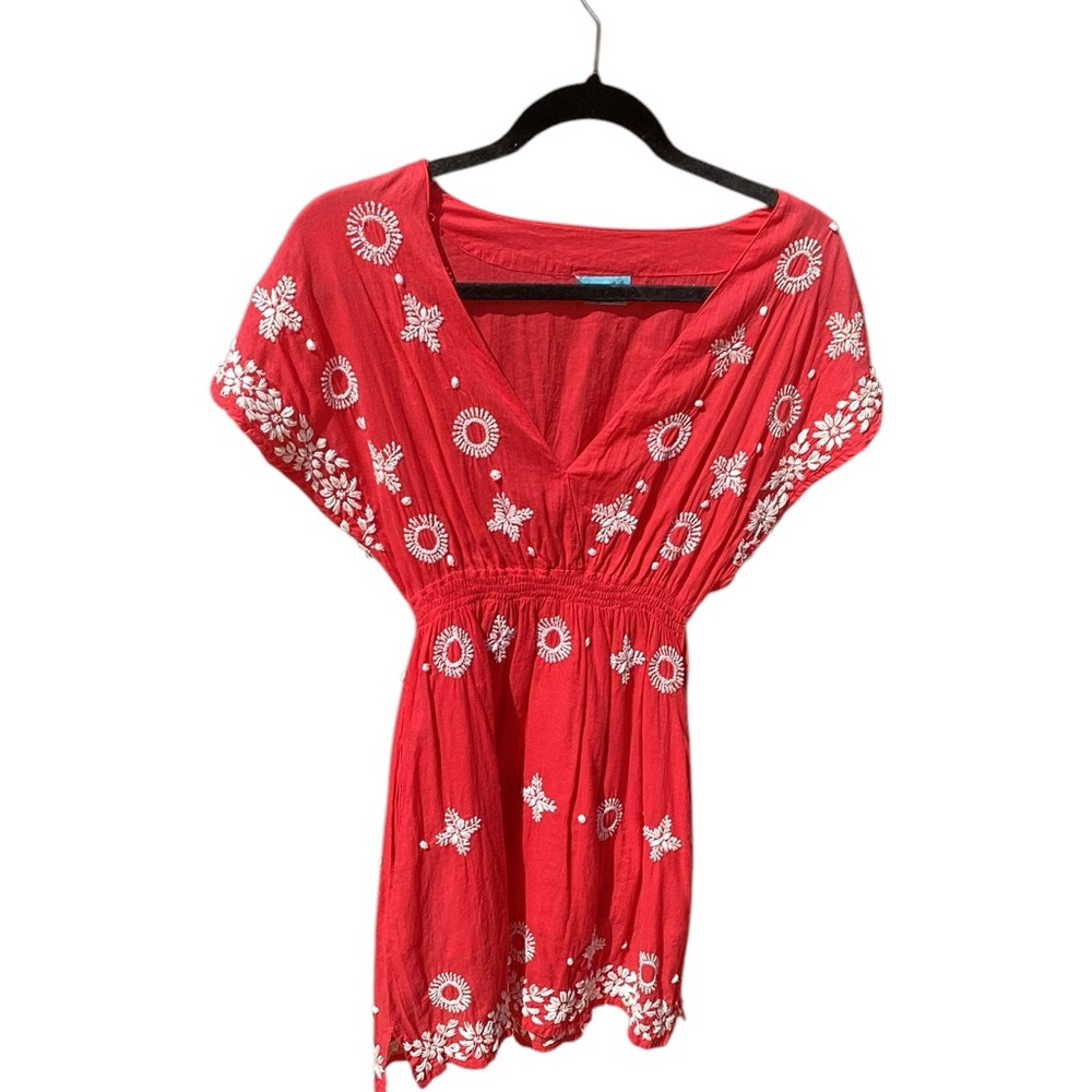 Letarte Vintage swimwear Hawaii beach cover up in red and white embroidered